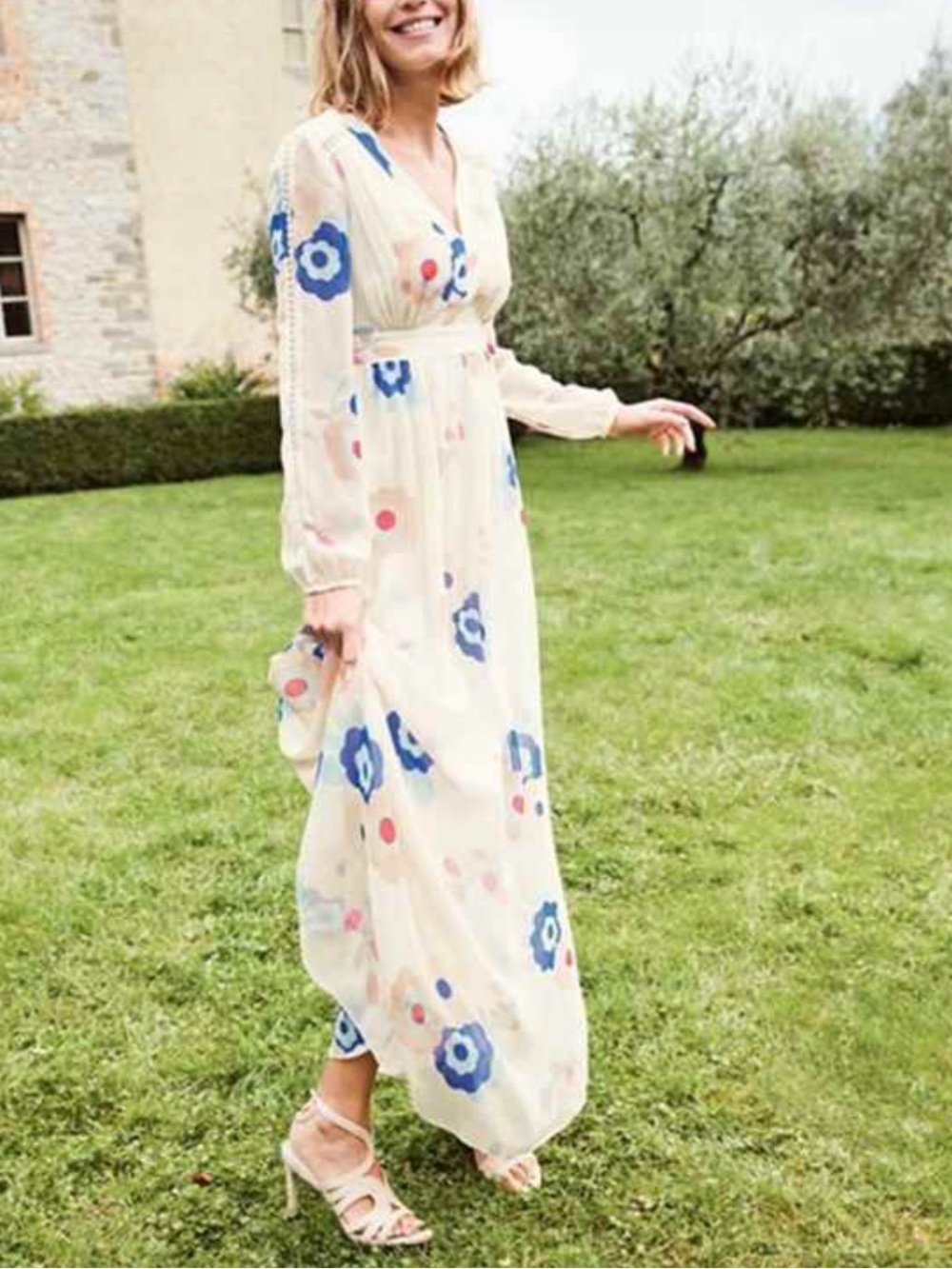 Boden Cream Maxi Dress with Blue and Pink Floral Print